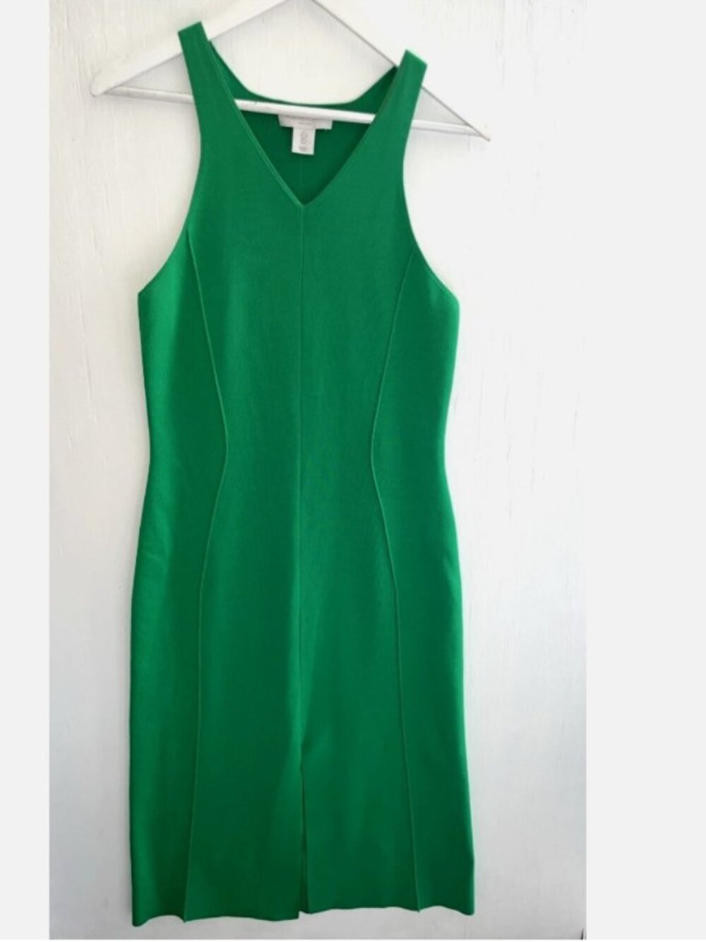 CAROLINE CONSTAS Green V Neck Ribbed Knit Midi Dress Front Slit Stretch Size L